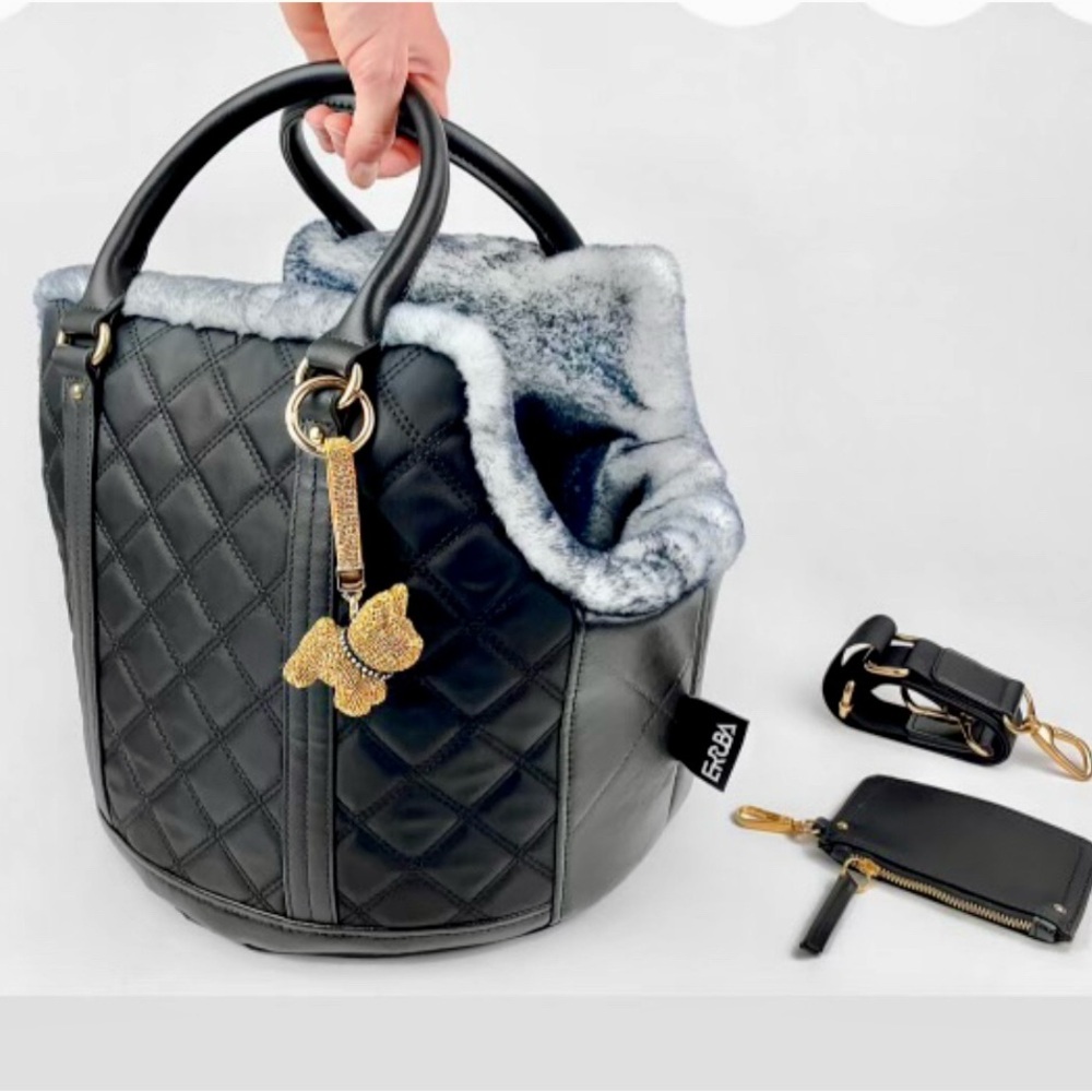 Black Quilted Faux-Leather Pet Carrier Bag with Plush Lining